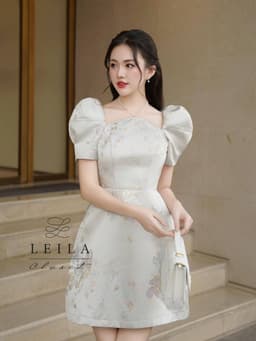 Thumbnail LEILA CLOSET | Đầm gấm thiết kế Helen tay phồng cổ yếm 1