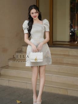 Thumbnail LEILA CLOSET | Đầm gấm thiết kế Helen tay phồng cổ yếm 3