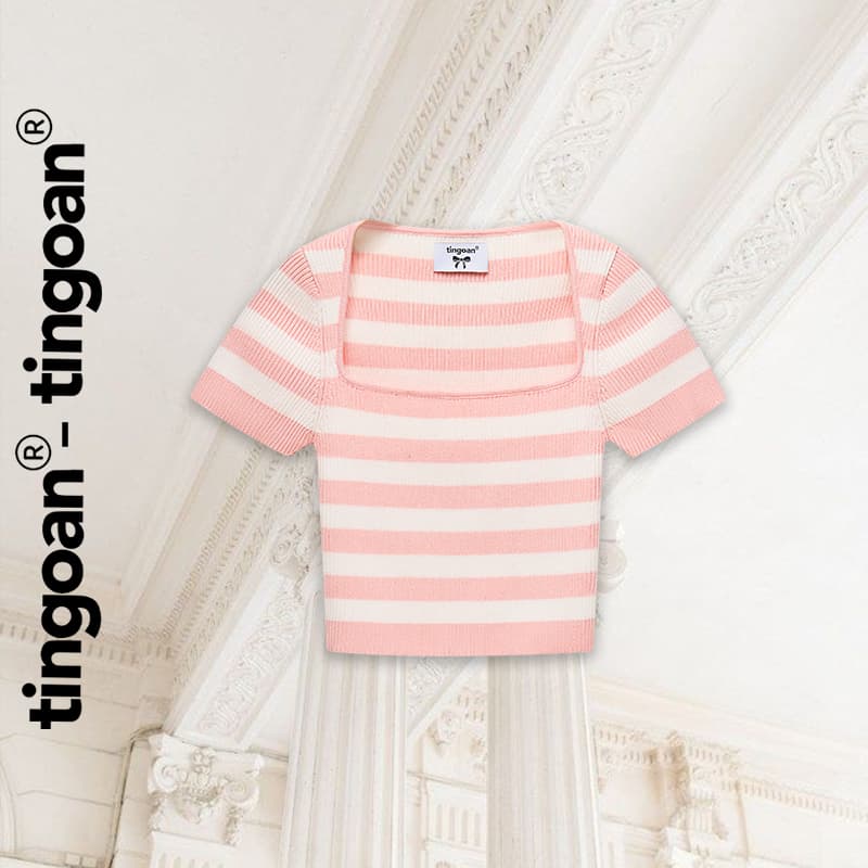 Ảnh TINGOAN® Áo len crop lửng ngắn tay cổ vuông kẻ trắng hồng BORA BORA TOP/PK phiên bản mới nhất tháng 6.2024 1