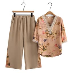 Thumbnail Bộ Đồ Trung Niên S602, Set Quần Áo Nữ Cho Mẹ Chất Lụa Cổ V Phối Ren Tay Lỡ Hoa Tulip | Thời Trang MAI THY U60 2