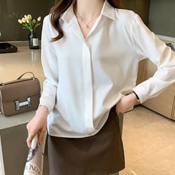 Thumbnail Áo sơ mi nữ dài tay trắng, đen dáng suông giấu nút THOCA HOUSE sơ mi công sở vải lụa chéo mềm mịn 4
