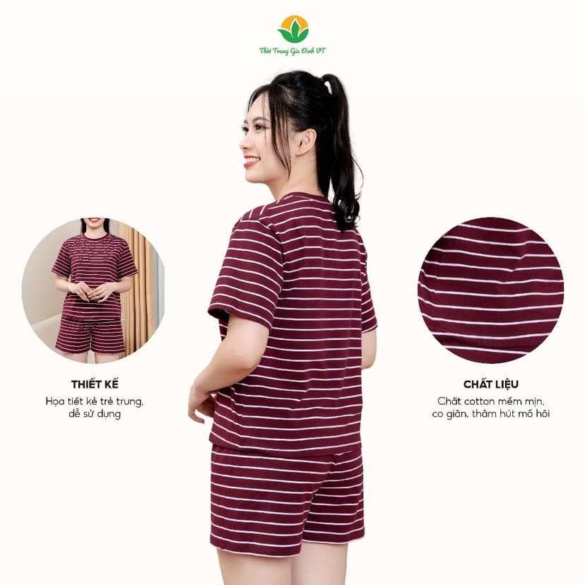 Ảnh Bộ đùi nữ chất cotton thời trang Việt Thắng áo cộc tay quần đùi kẻ sọc - B43.2407 3