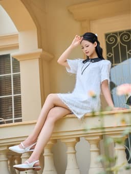 Thumbnail Đầm Tay Ngắn Đính Lông Vũ Cổ Nơ Tiểu Thư - EDINI - D1630 3