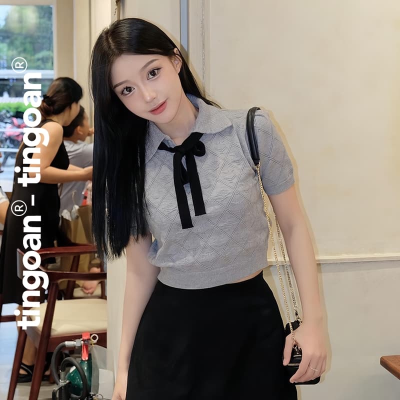 Ảnh TINGOAN® x SHOPEE- Áo len crop bề mặt len hoạ tiết quả trám buộc nơ YURI YURI TOP PHIÊN BẢN MỚI NHẤT T6/2024 (14/7) 1
