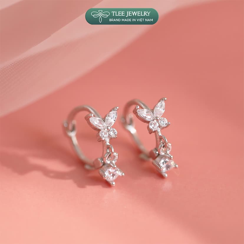 Ảnh Bông tai bạc nữ TLEE mẫu bông tròn tua hồ điệp đá TLEE JEWELRY B0339 2