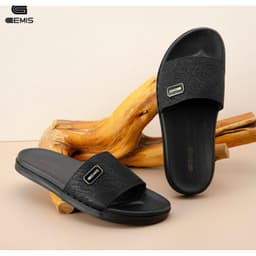 Thumbnail DéP Nam GEMIS quai ngang dép da màu đen khâu quai cao 2.5cm Slipper Đế Bằng Cao Su 2