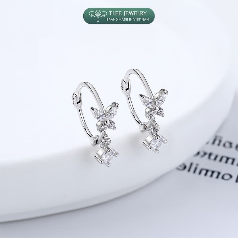 Ảnh Bông tai bạc nữ TLEE mẫu bông tròn tua hồ điệp đá TLEE JEWELRY B0339 4