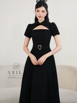 Thumbnail LEILA CLOSET | Đầm thiết kế Sanee đen cổ Đức khoét ngực, tùng xoè dài có túi, dây belt tôn dáng 1