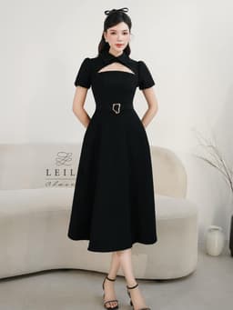 Thumbnail LEILA CLOSET | Đầm thiết kế Sanee đen cổ Đức khoét ngực, tùng xoè dài có túi, dây belt tôn dáng 3