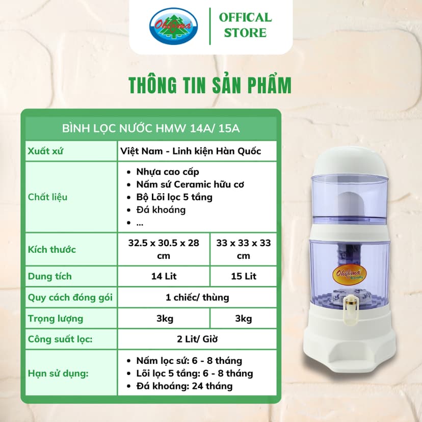 Ảnh Bình Lọc Nước Ohiama Mineral Water Purifier HMW-15A 15 Lit - Nấm Sứ Ceramic và Lõi Lọc 5 Tầng 3