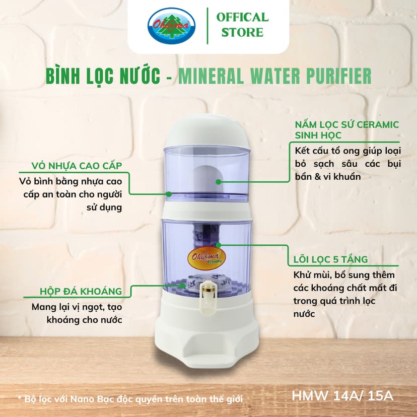 Ảnh Bình Lọc Nước Ohiama Mineral Water Purifier HMW-15A 15 Lit - Nấm Sứ Ceramic và Lõi Lọc 5 Tầng 2