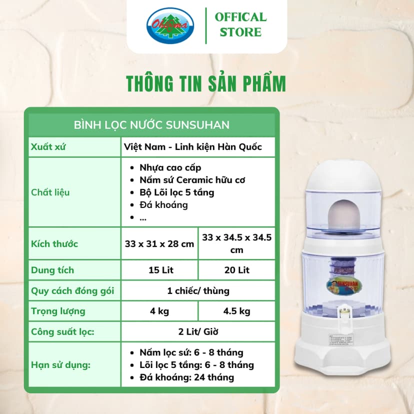 Ảnh Bình Lọc Nước Sunsuhan Mineral Water Purifier 15L - Nấm Sứ Ceramic và Lõi Lọc 5 Tầng | Ohiama 2