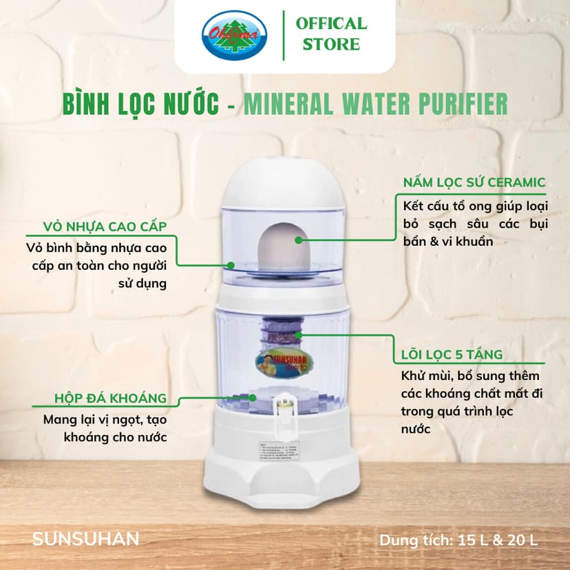 Ảnh Bình Lọc Nước Sunsuhan Mineral Water Purifier 15L - Nấm Sứ Ceramic và Lõi Lọc 5 Tầng | Ohiama 3