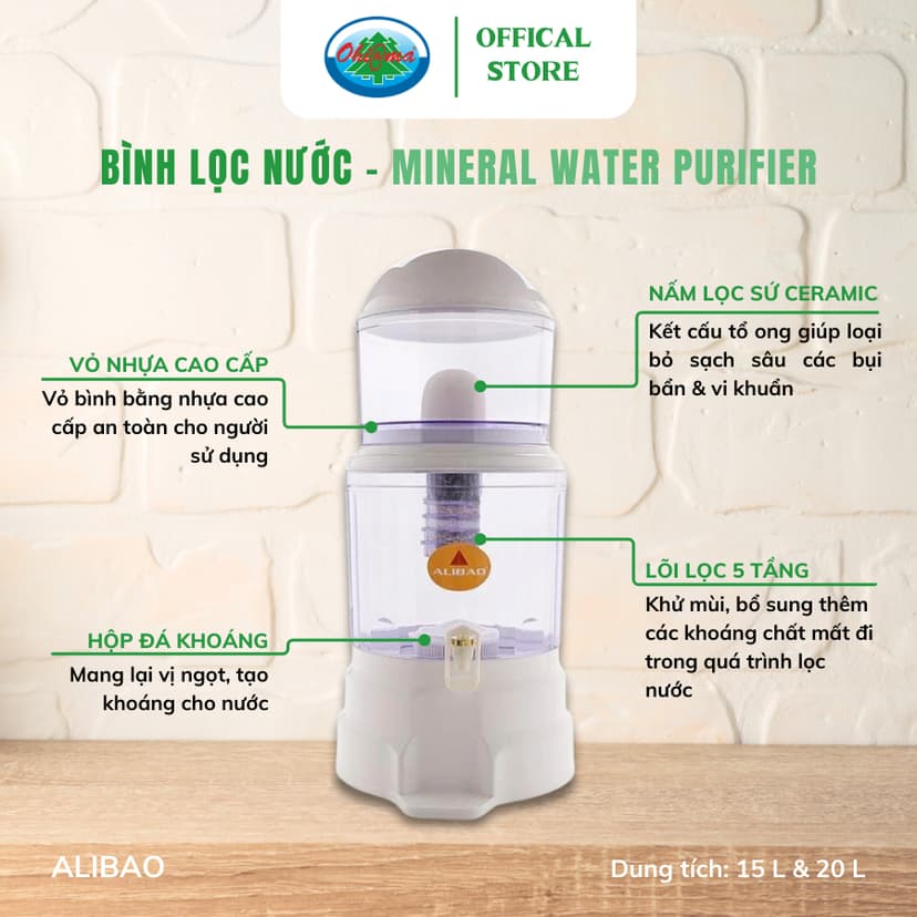 Ảnh Bình Lọc Nước Uống Alibao Mineral Water Purifier 15L Nấm Sứ Ceramic và Lõi Lọc 5 Tầng | Ohiama 3