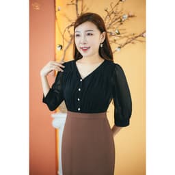 Thumbnail Đầm body trung niên Cổ tim kết nút tay lỡ màu Đen nâu TTV Store thời trang nữ TTV1640 3