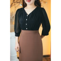 Thumbnail Đầm body trung niên Cổ tim kết nút tay lỡ màu Đen nâu TTV Store thời trang nữ TTV1640 2