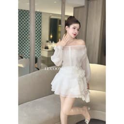 Thumbnail Set Áo Và Váy Đẹp Trễ Vai Dáng Ngắn LECOONG B132 Đầm Phối Hoa Tơ Màu Trắng Đen 3