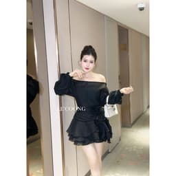 Thumbnail Set Áo Và Váy Đẹp Trễ Vai Dáng Ngắn LECOONG B132 Đầm Phối Hoa Tơ Màu Trắng Đen 4