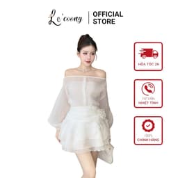 Thumbnail Set Áo Và Váy Đẹp Trễ Vai Dáng Ngắn LECOONG B132 Đầm Phối Hoa Tơ Màu Trắng Đen 1