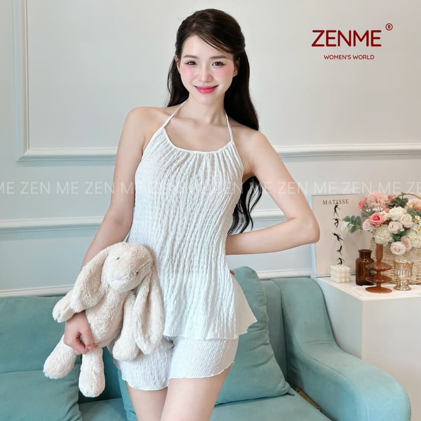 Ảnh Bộ Đồ Ngủ Yếm ZENME Chất Xốp Nhật Quần Đùi Thoáng Mát Mùa Hè BDY0624 4