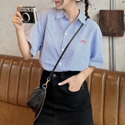 Thumbnail Áo sơ mi nữ tay ngắn sọc nơ thêu săn tay THOCA HOUSE trẻ trung, sơ mi Hàn Quốc cực xinh 2