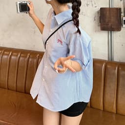 Thumbnail Áo sơ mi nữ tay ngắn sọc nơ thêu săn tay THOCA HOUSE trẻ trung, sơ mi Hàn Quốc cực xinh 4