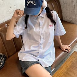 Thumbnail Áo sơ mi nữ tay ngắn sọc nơ thêu săn tay THOCA HOUSE trẻ trung, sơ mi Hàn Quốc cực xinh 3