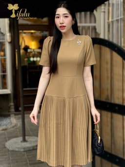 Thumbnail Váy nữ Đầm dự tiệc màu be Zol by TIFALU dáng xòe A chân váy dập ly sang trọng - ZOL725BE 1