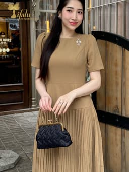 Thumbnail Váy nữ Đầm dự tiệc màu be Zol by TIFALU dáng xòe A chân váy dập ly sang trọng - ZOL725BE 3