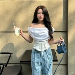 Thumbnail Set áo lụa trễ vai thắt eo phối quần jeans xếp ly ống xuông xanh loang MOONLIT [Có Tách Lẻ] - Simple Twist 1