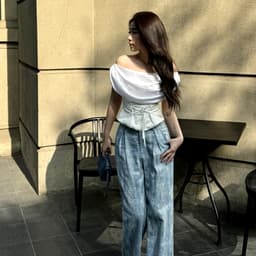 Thumbnail Set áo lụa trễ vai thắt eo phối quần jeans xếp ly ống xuông xanh loang MOONLIT [Có Tách Lẻ] - Simple Twist 2
