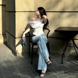 Thumbnail Set áo lụa trễ vai thắt eo phối quần jeans xếp ly ống xuông xanh loang MOONLIT [Có Tách Lẻ] - Simple Twist 3