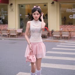 Thumbnail Set áo sát nách cổ lọ ren đính nơ phối chân váy xòe dáng ngắn màu hồng dành cho nữ BLOOMING [Có Tách Lẻ] - Simple Twist 1