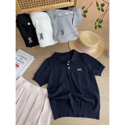 Thumbnail Áo len nữ mỏng ngắn tay vặn thừng cổ bẻ phối cúc thêu nơ form vừa tôn dáng chất len mềm hàng thiết kế 1