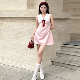 Thumbnail Đầm sát nách màu hồng phối cổ sơ mi viền ren đính nơ dáng ngắn SERENA - Simple Twist 2
