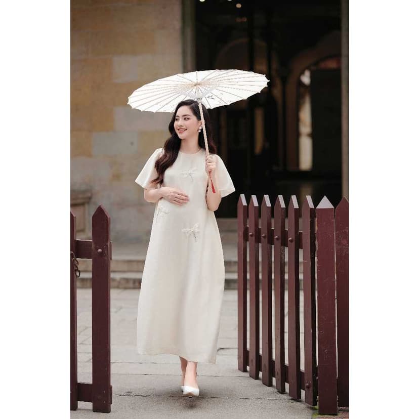 Ảnh Váy bầu, đầm bầu JAMIE Dress dáng suông chum tay cánh tiên che khuyết điểm  hoạ tiết chuồn chuồn thêu ruy băng L'AMME 2