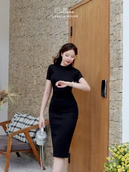 Thumbnail Đầm body thun trơn dáng dài tay ngắn cổ tròn nhún eo tôn dáng Callene (L1481) 3