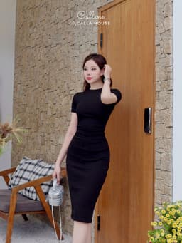 Thumbnail Đầm body thun trơn dáng dài tay ngắn cổ tròn nhún eo tôn dáng Callene (L1481) 2