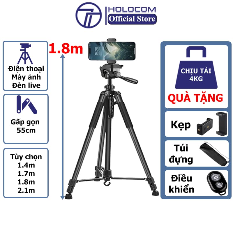 Ảnh Tripod Điện Thoại Kiêm Chân Máy Ảnh 360 Độ 3 Chân Đa Năng, Điều Chỉnh Cao Thấp, Thiết Kế Chắc Chắn Cao 170cm - HOLOCOM 2