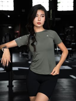 Thumbnail Bộ đồ tập gym yoga Fitme áo thun thể thao vạt bầu Xanh rêu, quần lửng legging Đen vải thun biker cạp cao tôn dáng 3