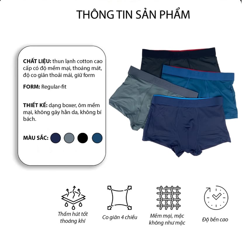 Ảnh Combo 5 quần lót nam đùi boxer RANO vải thun lạnh mềm mại cao cấp co dãn 4 chiều thoáng khí cạp lưng to 3.5cm 3
