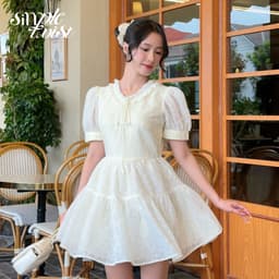 Thumbnail Đầm váy hoa tay phồng cổ chữ V màu vàng chanh CICI phong cách tiểu thư sang chảnh - Simple Twist 1