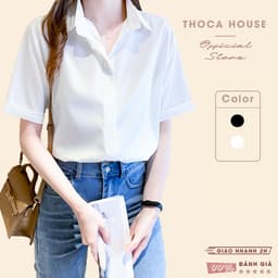 Thumbnail Áo sơ mi công sở nữ trắng, đen săn tay ngắn giấu nút THOCA HOUSE vải lụa thoải mái, mát mẻ 1