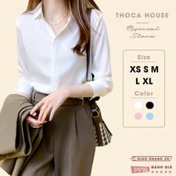 Thumbnail Áo sơ mi nữ dài tay trắng, đen dáng suông giấu nút THOCA HOUSE sơ mi công sở vải lụa chéo mềm mịn 1