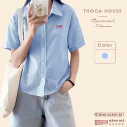 Thumbnail Áo sơ mi nữ tay ngắn sọc nơ thêu săn tay THOCA HOUSE trẻ trung, sơ mi Hàn Quốc cực xinh 1