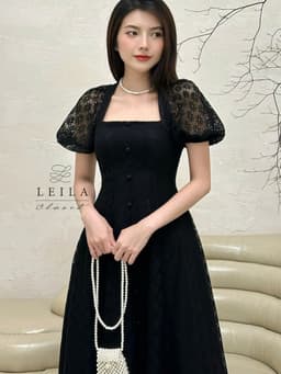 Thumbnail LEILA CLOSET | Đầm thiết kế Dalia đen dáng cổ vuông tay phồng xẻ tà trước 3