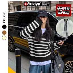 Thumbnail Áo Len Nam Nữ Cổ Trụ SUKIYA Kéo Khóa Họa Tiết kẻ Sọc Form Rộng Phong Cách Hàn Quốc  AL81 4