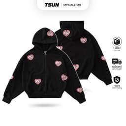 Thumbnail Áo Khoác Nỉ Hoodie Zip Đen Thêu Trái Tim Brand TSUN Chính Hãng Lovely UNISEX, Oversize, Streetwear 1