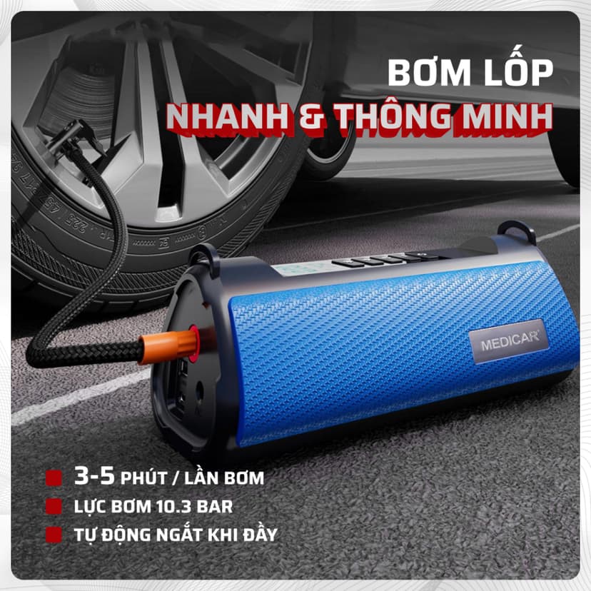 Ảnh Bơm lốp kích bình ô tô 4 trong 1 Medicar 12000mAh. Tích hợp sạc dự phòng và đèn pin chiếu sáng 3