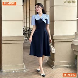 Thumbnail Đầm thiết kế cổ V thắt nơ cúp ngực dáng xếp ly BEMINE MT9397 1
